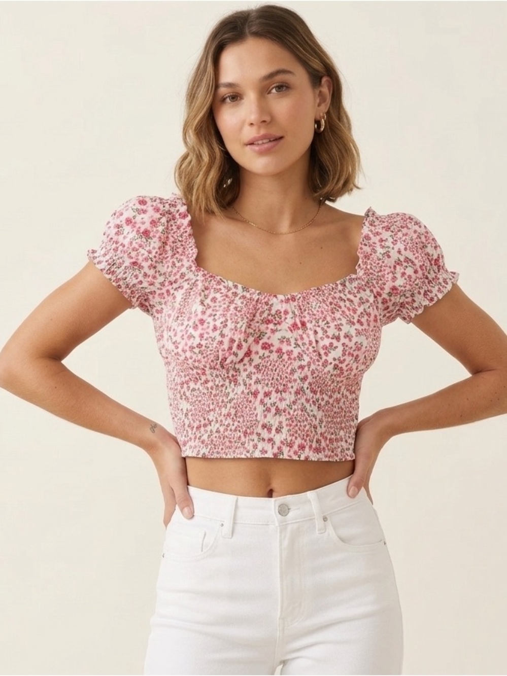 Japna Women’s Pink Floral Smocked Milkmaid Crop Top